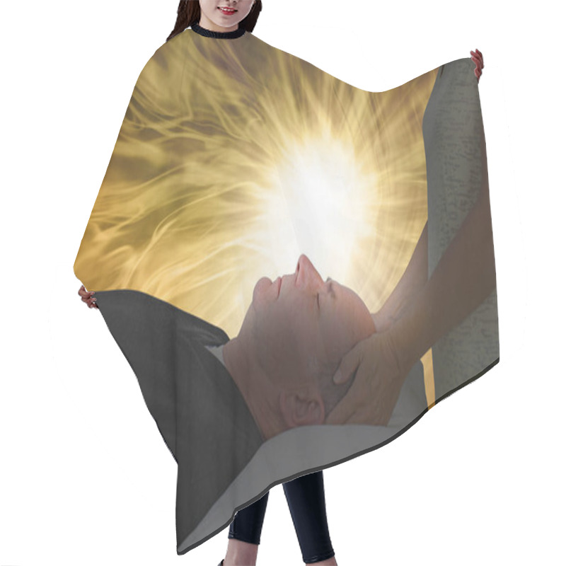 Personality  Channelling Beautiful Golden Healing Energy  - Female With Hands Gently Holding Man's Head, Laid Supine, With A Vibrant White Light Lighting Up His Face Surrounded By Golden Light And Copy Space Hair Cutting Cape