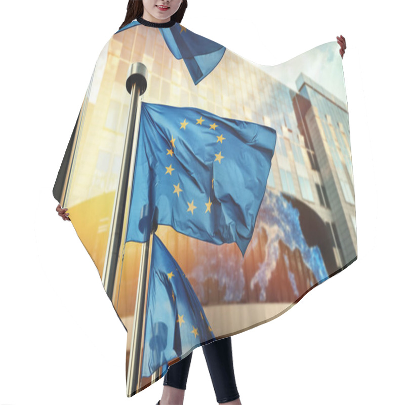 Personality  EU Flags Waving In Front Of European Parliament Building.  Hair Cutting Cape