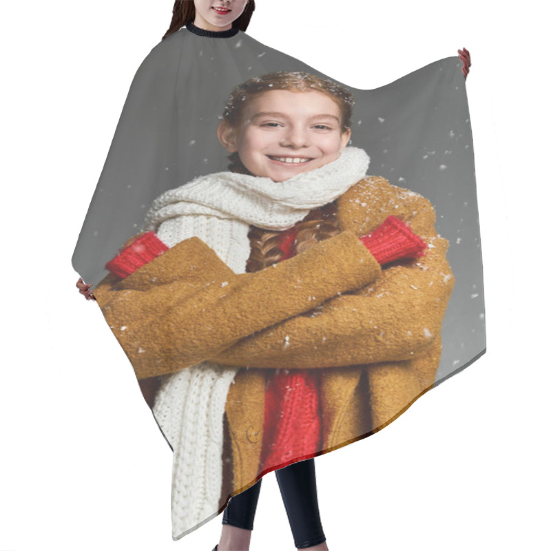 Personality  A Happy Girl Stands Warmly Dressed In Winter Layering, Embracing Falling Snowflakes. Hair Cutting Cape