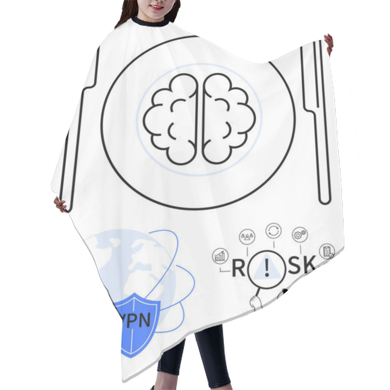 Personality  Brain On A Plate With Cutlery, VPN Security Shield Over The Globe, Person Analyzing Risk Icons. Ideal For Cybersecurity, Risk Assessment, Mental Focus, Strategy, Data Protection, Problem-solving Hair Cutting Cape