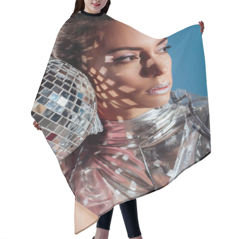 Personality  Attractive Young Woman Posing With Silver Disco Ball On Blue Background Hair Cutting Cape