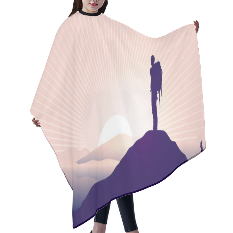 Personality  Find Meaning In Life - Silhouette Of Hiking Person Backpacker On Hilltop Watching Epic Landscape And Sunrise.  Hair Cutting Cape