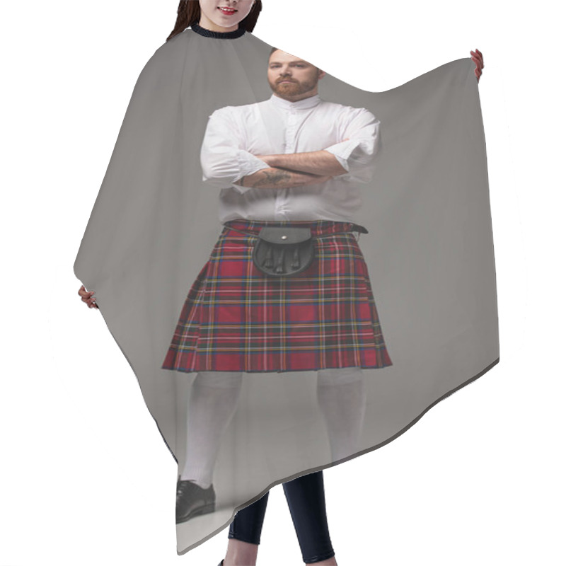 Personality  Scottish Redhead Man In Red Kilt With Crossed Arms On Grey Background Hair Cutting Cape