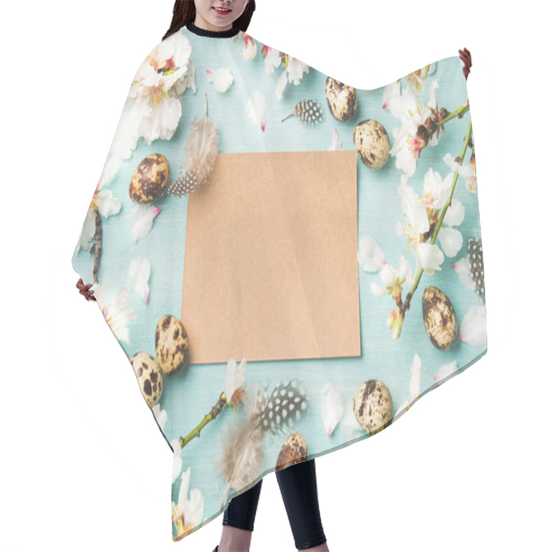 Personality  Easter Holiday Background. Flat-lay Of Tender Spring Almond Blossom Flowers On Branches, Feathers, Quail Eggs And Paper In Center Over Blue Background Hair Cutting Cape