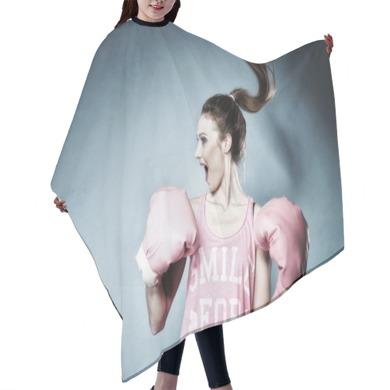 Personality  Female Boxer Model With Big Fun Pink Gloves Hair Cutting Cape