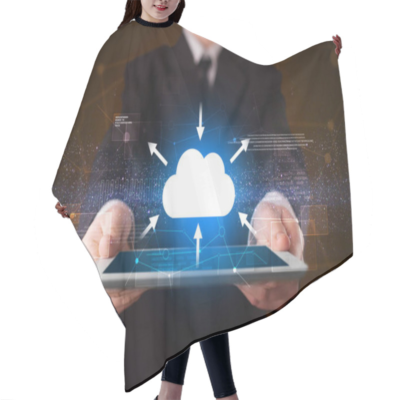 Personality  Businessman Holding Tablet With Cloud Icon Hair Cutting Cape