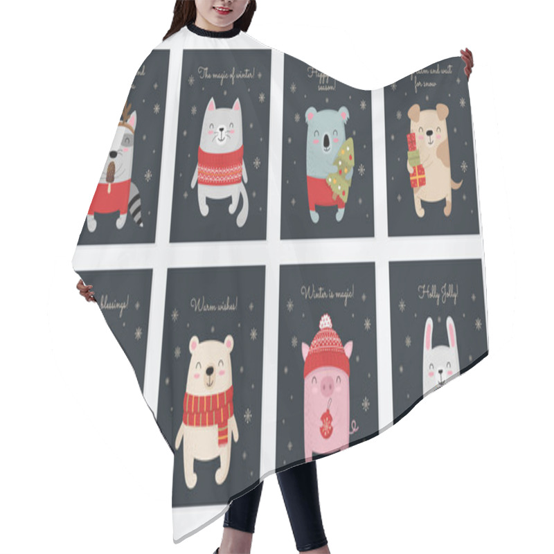 Personality  Vector Collection Of Cards With Hand Drawing Cute Winter Animals Hair Cutting Cape