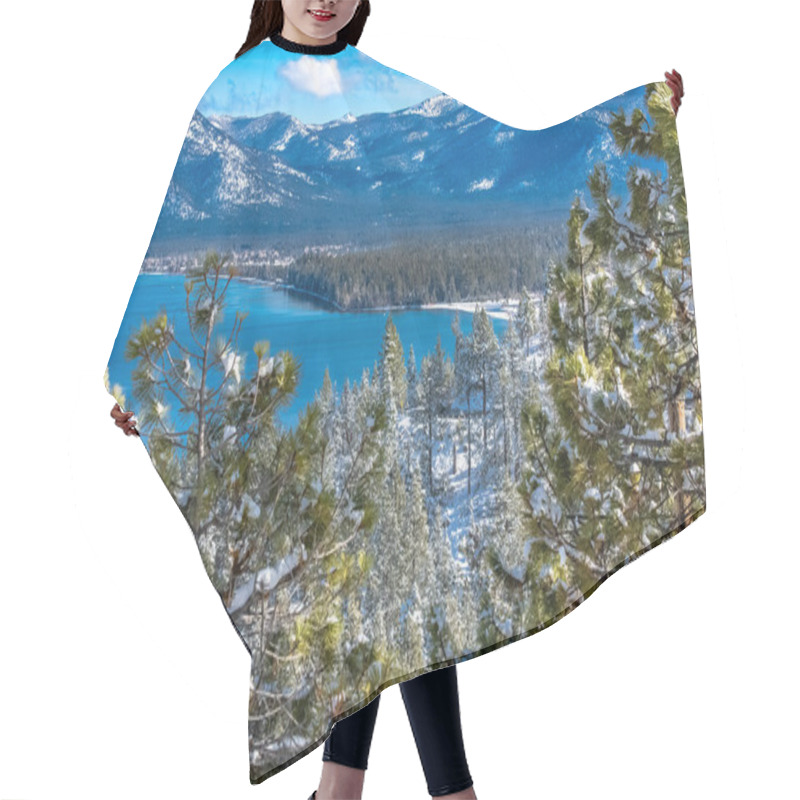 Personality  The Lake Tahoe, Panorama Of A Mountain Lake In Winter, Sunny Day Hair Cutting Cape