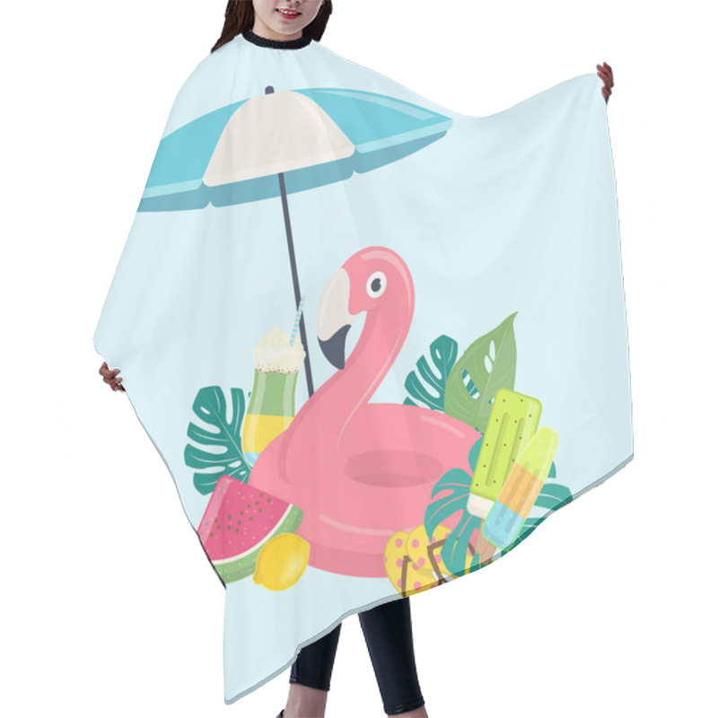 Personality  Summer Beach Vector Background With Pink Flamingo Inflatable Pool Float, Exotic Leaves, Fruits And Beach Umbrella.  Summer Beach Vacations Concept. Vector Illustration On Blue Background Hair Cutting Cape