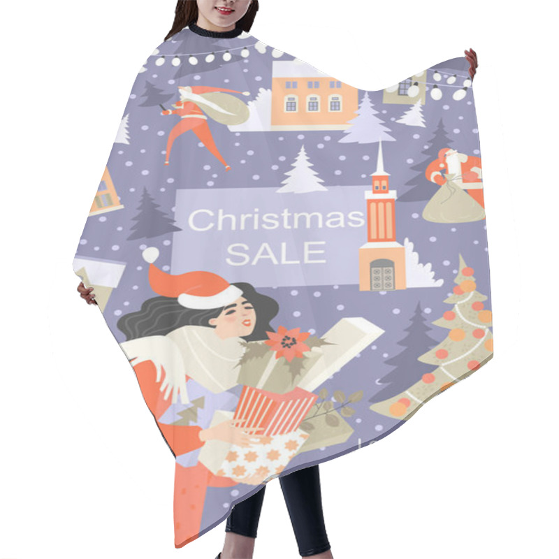 Personality   Illustration Of Funny Cartoon Girl, Nightly Winter Cityscape And Santa Claus Hair Cutting Cape