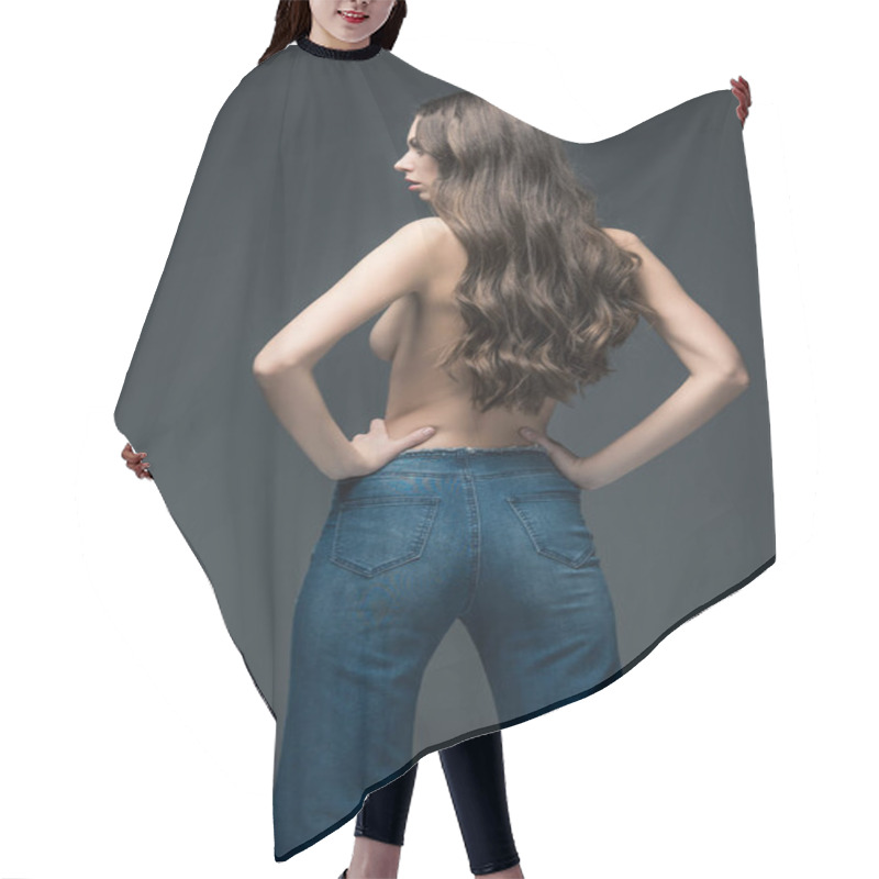 Personality  Back View Of Half Naked Woman With Long Hair Posing In Jeans, Isolated On Grey Hair Cutting Cape