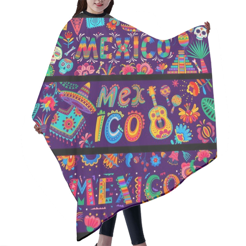 Personality  Cartoon Mexican Holiday Vector Banners With Day Of The Dead Sugar Skulls, Paper Flags, Sombrero And Poncho Pattern. Mexico Guitar, Maracas And Flowers, Cactuses, Tropical Hummingbird And Parrot Birds Hair Cutting Cape