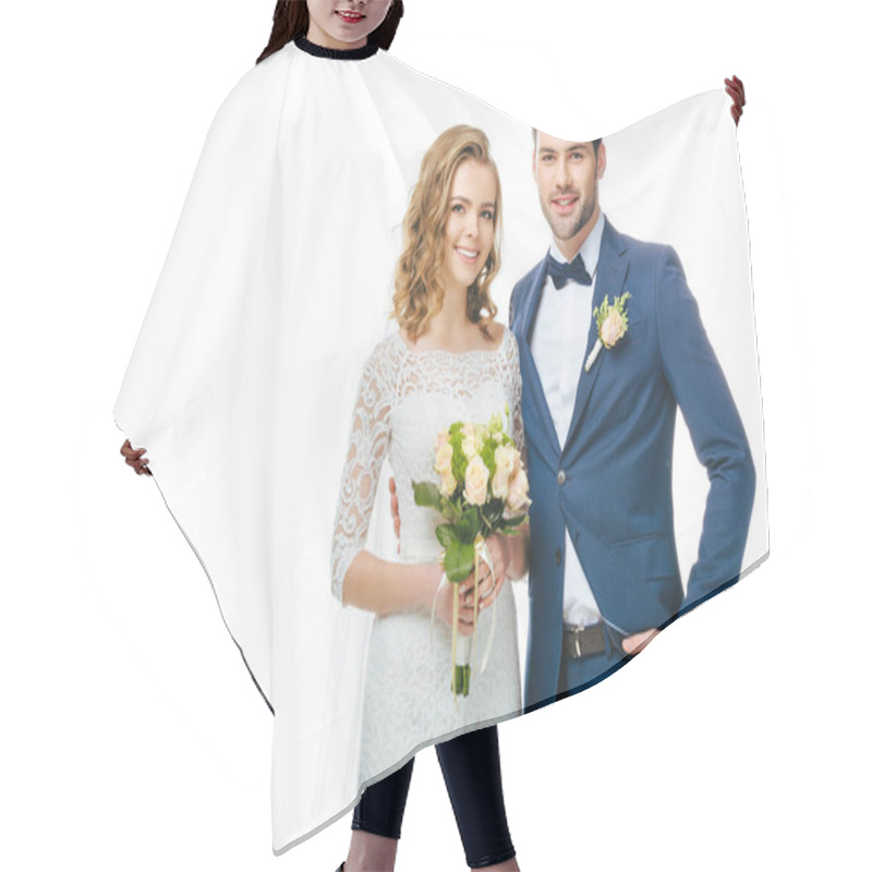 Personality  Portrait Of Smiling Bride With Wedding Bouquet And Groom Isolated On White Hair Cutting Cape