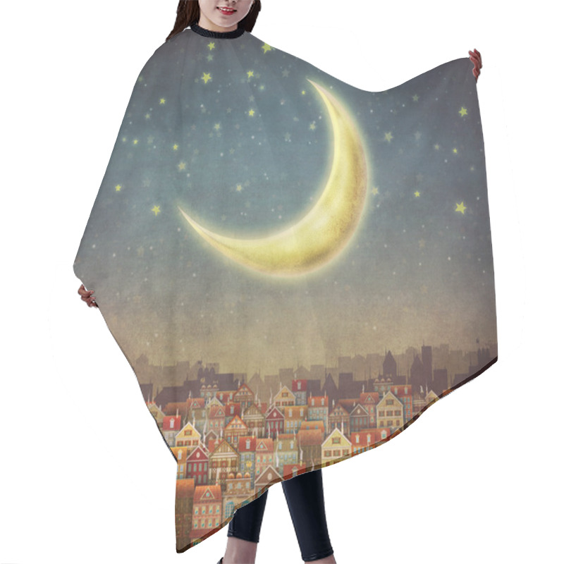 Personality  Illustration Of  Cute Houses And Moon In Night Sky Hair Cutting Cape