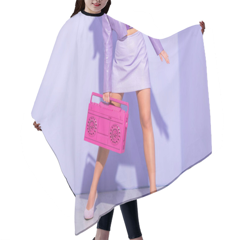 Personality  Cropped View Of Young Woman Dressed In Doll Style Posing With Pink Retro Tape Recorder On Violet Colorful Background Hair Cutting Cape