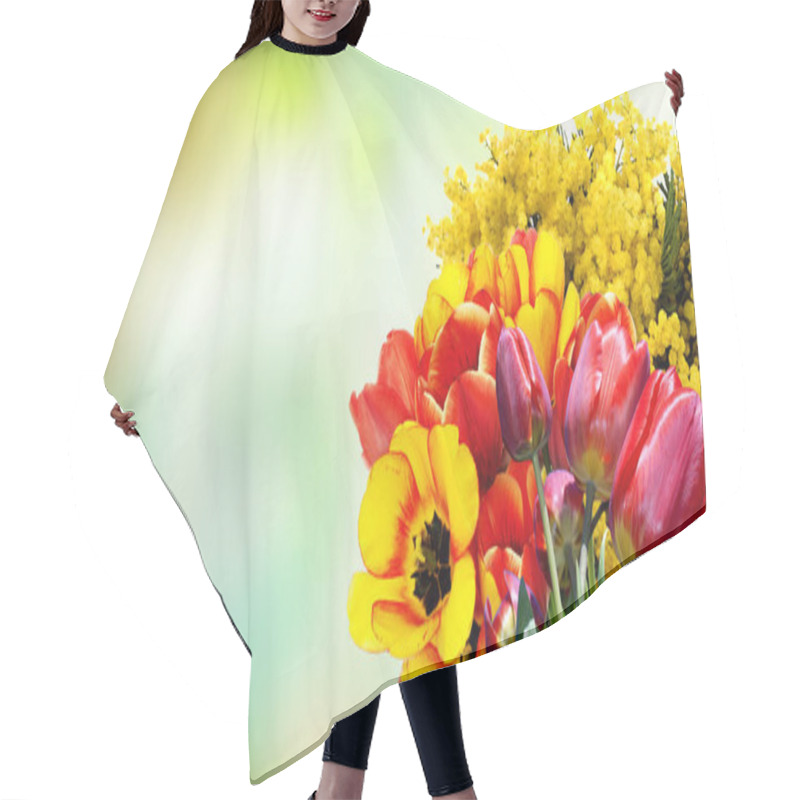 Personality  Beautiful Bouquet Fresh Tulips With Mimosa.easter.nature Hair Cutting Cape