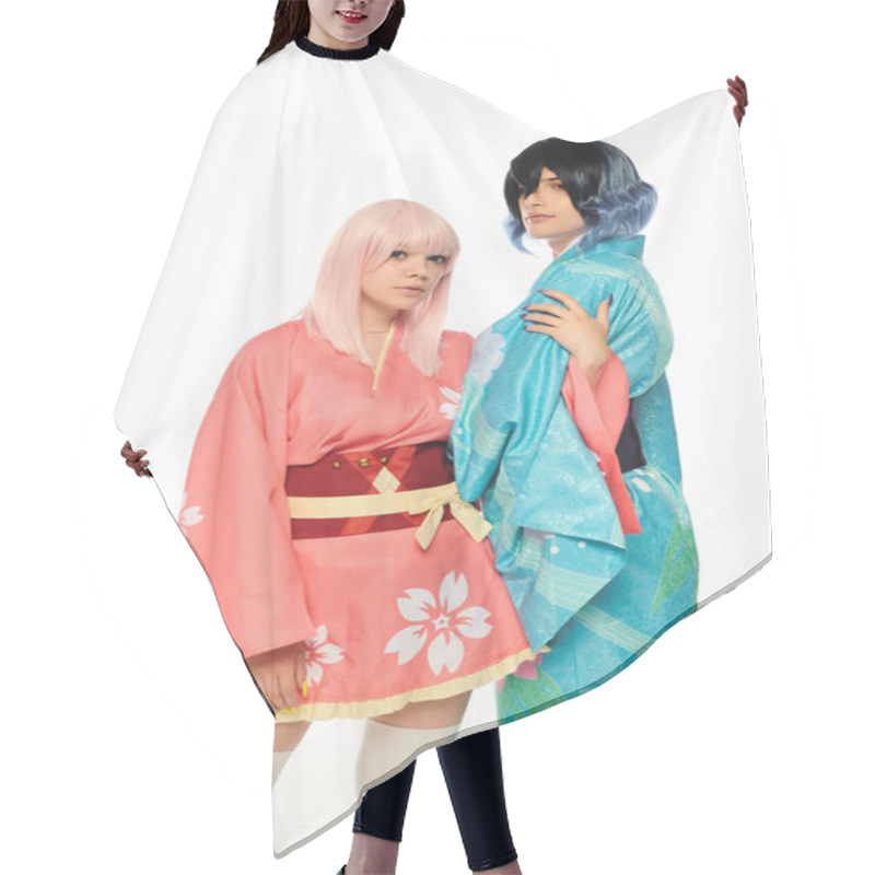 Personality  Blonde Anime Style Woman Embracing Arm Of Man In Kimono And Wig On White, Cosplay Subculture Concept Hair Cutting Cape