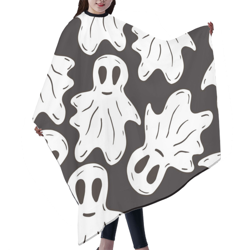 Personality  Halloween Pattern With Funny Ghosts Pattern. Seamless Spooky Background In Cartoon Style. Wrapping Or Textile Design. Black And White Halloween Hair Cutting Cape