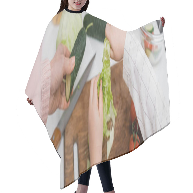 Personality  Top View Of Cropped Woman And Child Near Fresh Vegetables On Kitchen Table, Banner Hair Cutting Cape