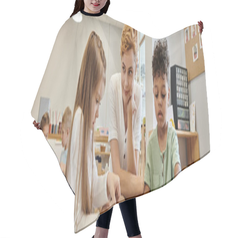 Personality  Teacher Sitting Near Interracial Kids Playing During Lesson In Montessori School, Banner Hair Cutting Cape