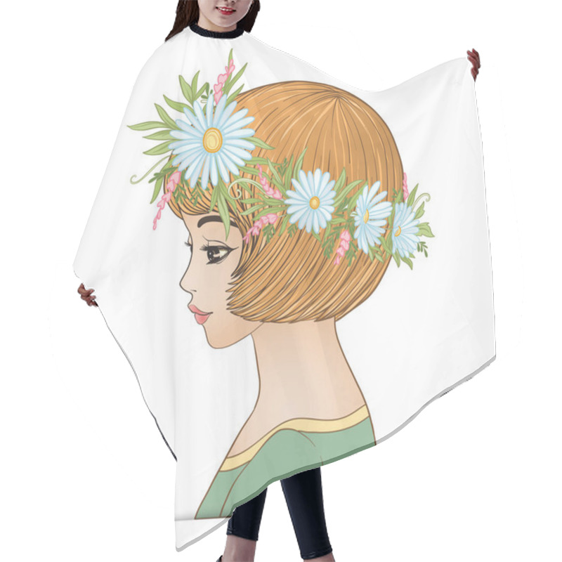 Personality  A Young Beautiful Girl With A Flower Wreath On His Head. Hair Cutting Cape