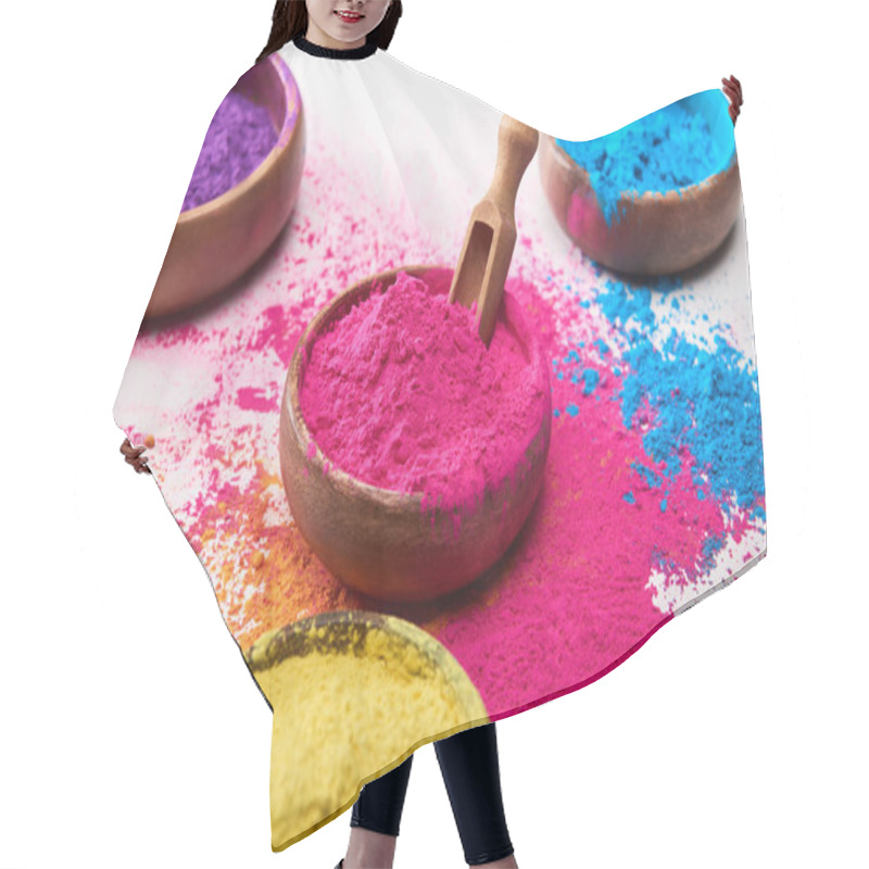 Personality  Wooden Spatula And Bowls With Yellow, Pink, Blue And Purple Holi Powder On White Background Hair Cutting Cape