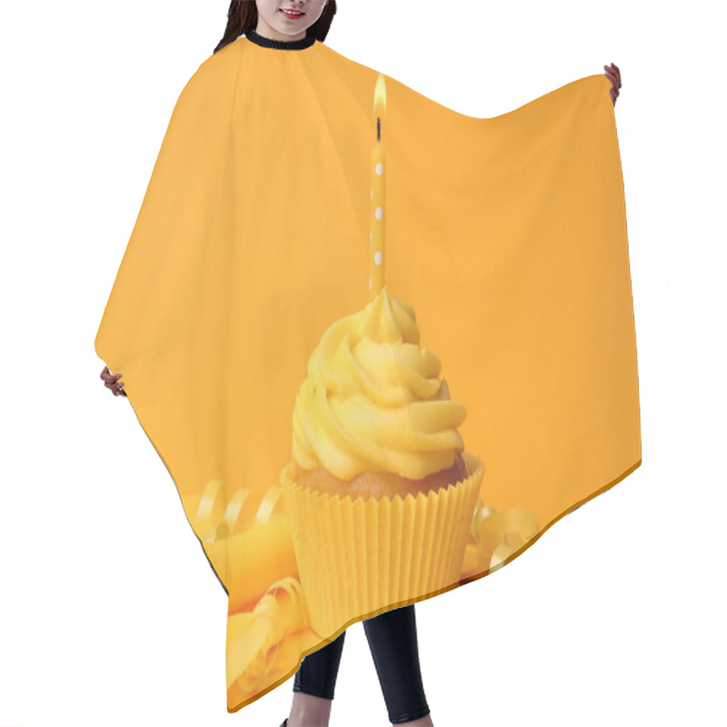 Personality  Delicious Birthday Cupcake With Burning Candle On Yellow Backgro Hair Cutting Cape