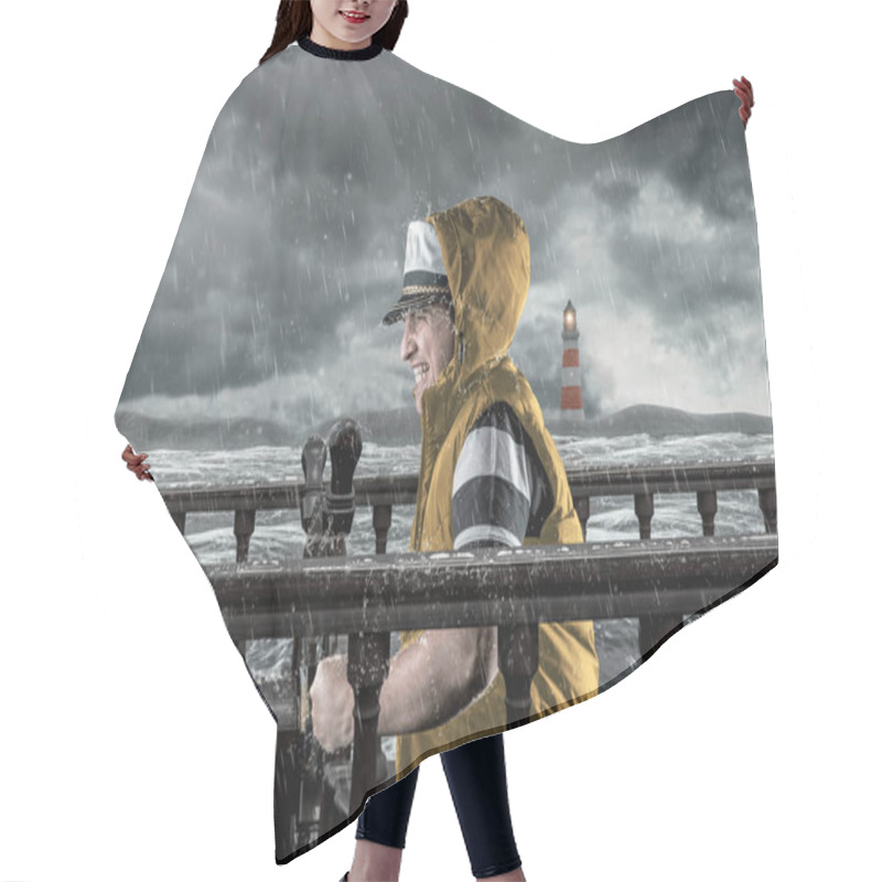 Personality  Helmsman With Vest And Cap Struggle Against Storm In Front Of Stormy Sea Hair Cutting Cape