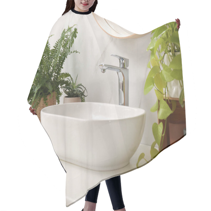 Personality  Bathroom Counter With Sink And Beautiful Green Houseplants Near White Marble Wall Hair Cutting Cape