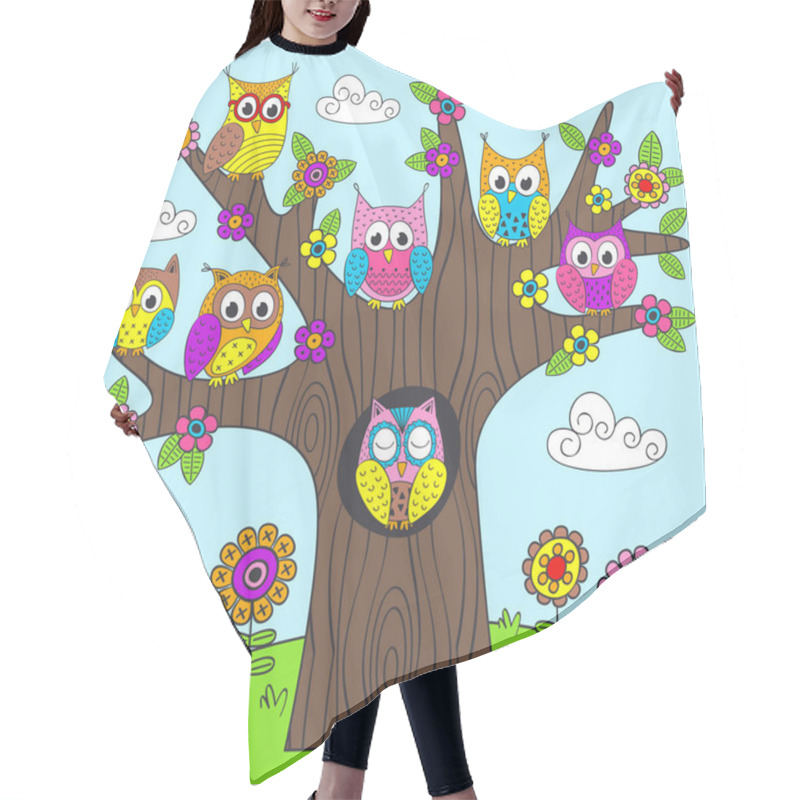 Personality  Funny Owls On The Tree - Vector Illustration, Eps Hair Cutting Cape