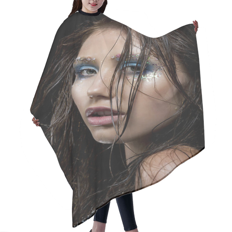 Personality  Fresh Female Face - Conceptual Bright Makeup Hair Cutting Cape