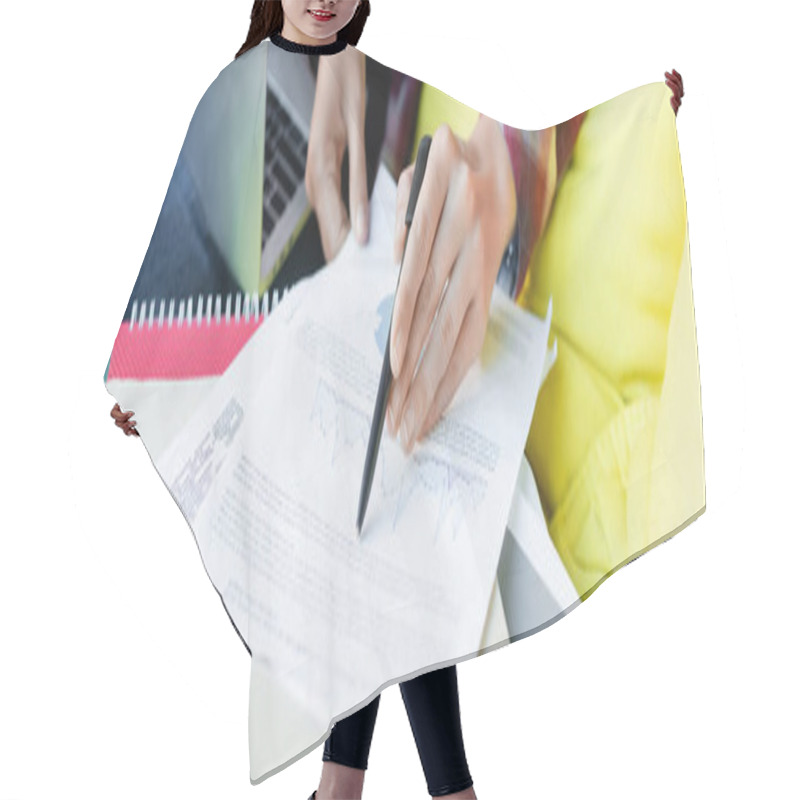 Personality  Cropped View Of Woman With Pen Reading Document, Banner Hair Cutting Cape