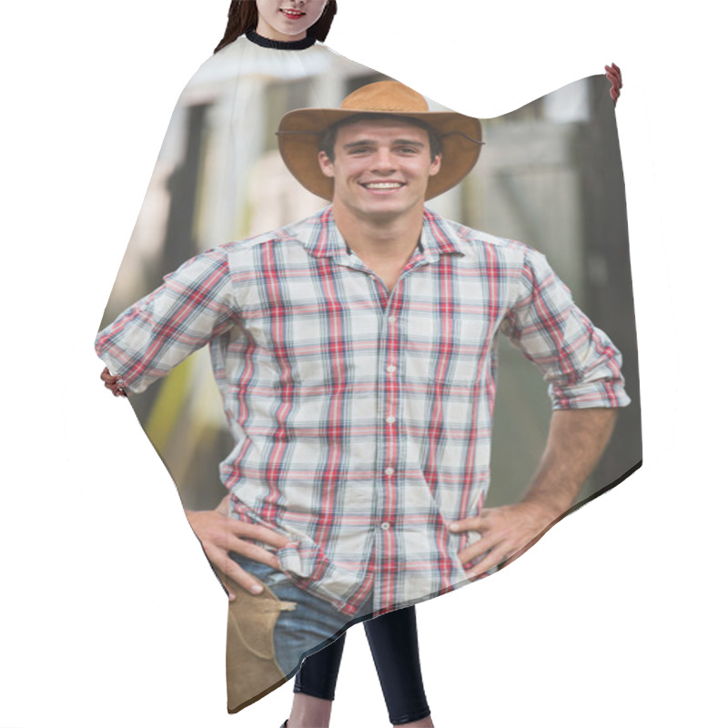 Personality  American Cowboy Standing In Stables Hair Cutting Cape