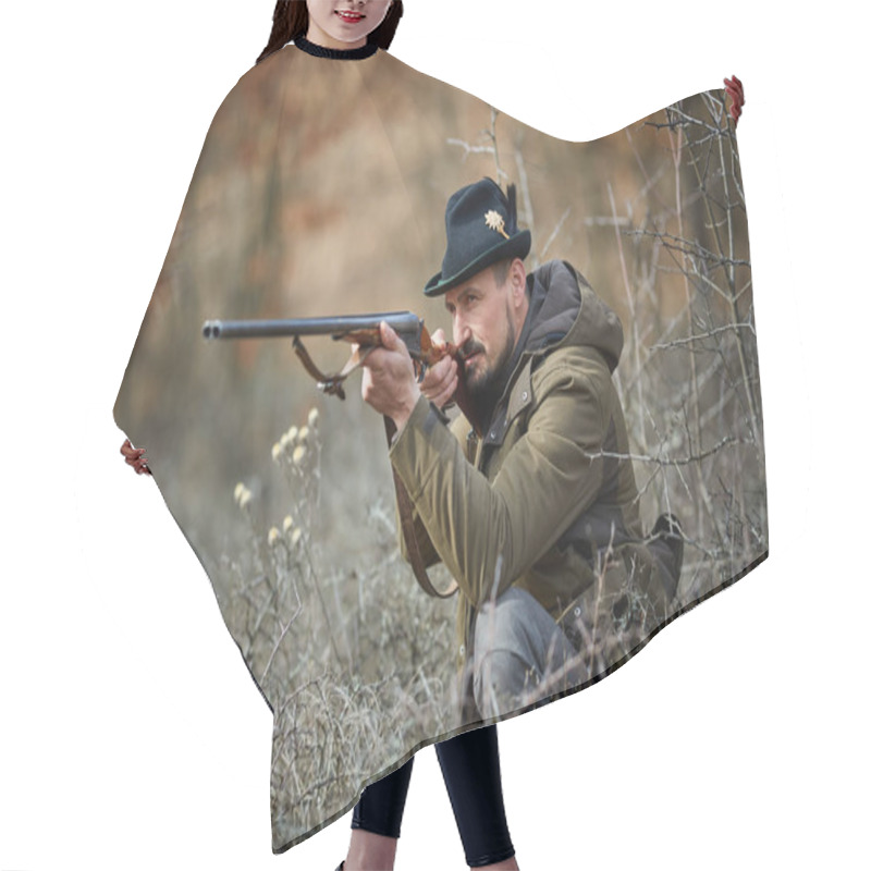 Personality  Hunter With Double Barrel Gun Sitting On Grass And Aiming Hair Cutting Cape