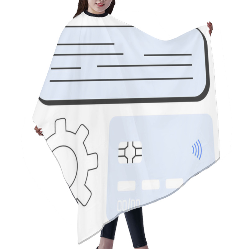 Personality  Editable Text Box, Gear For System Settings, And Contactless Payment Card Represent Financial Technology. Ideal For Banking, Automation, E-commerce, Innovation, Tech Setups, Finance Abstract Line Hair Cutting Cape