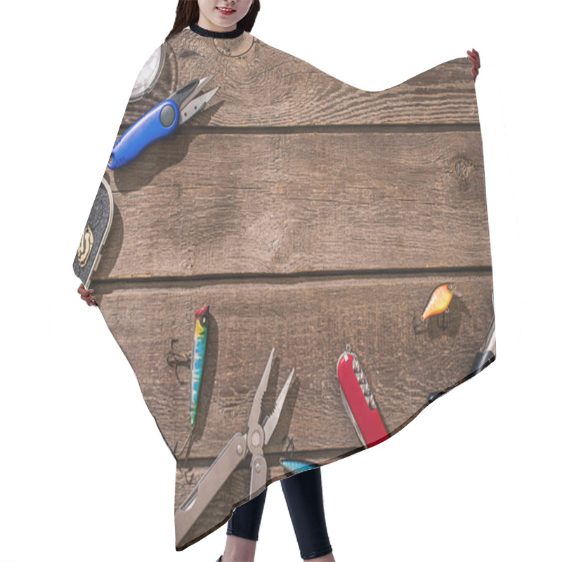 Personality  Accessories For Fishing On The Background Of Wood. Top View Hair Cutting Cape