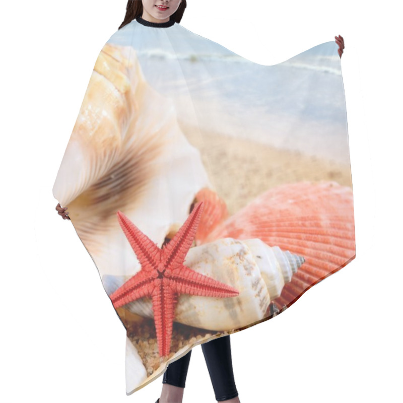 Personality  Sea Star And Shells On The Sandy Beach Hair Cutting Cape