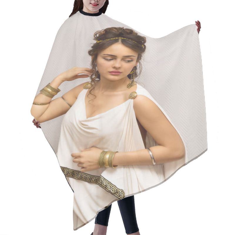 Personality  Portrait Of A Beautiful Graceful Greek Young Woman In A Traditional Antique White Tunic Hair Cutting Cape