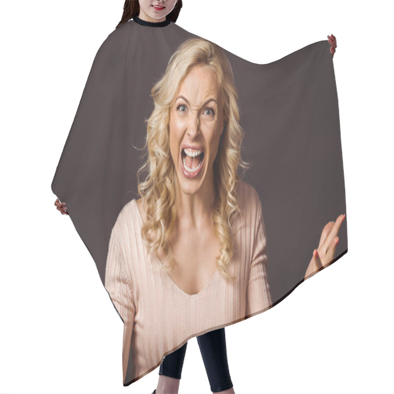 Personality  Emotional Blonde Woman Gesturing And Screaming Isolated On Black  Hair Cutting Cape