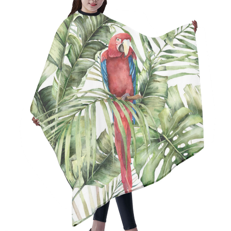 Personality  Watercolor Tropical Seamless Pattern With Red Parrot And Palm Leaves. Hand Painted Birds And Jungle Tree Leaves. Floral Illustration Isolated On White Background For Design, Print Or Background. Hair Cutting Cape