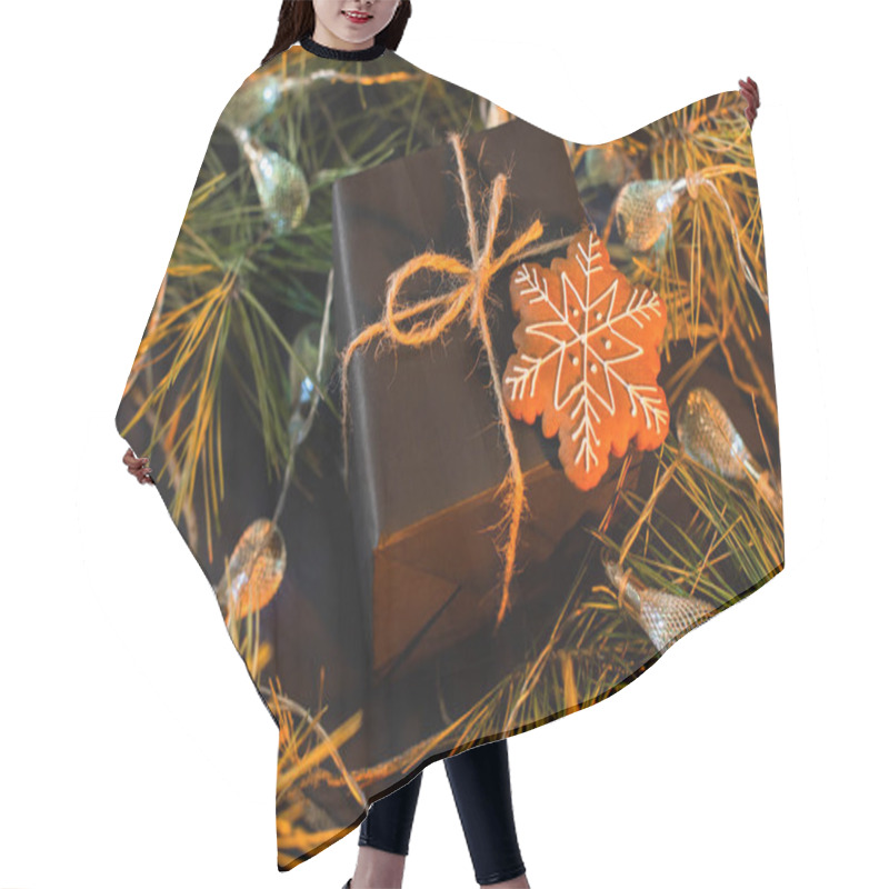 Personality  High Angle View Of Wrapped Black Present With Gingerbread Cookie Near Green Branches With Garland Hair Cutting Cape