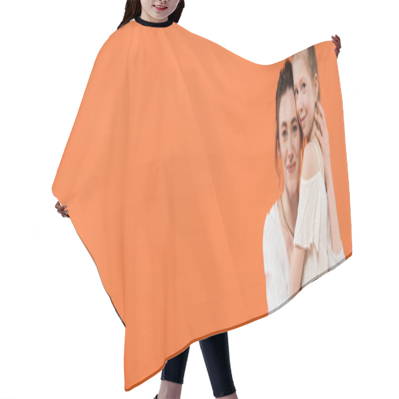 Personality  Family Bonding, Happy Mother And Daughter Hugging Each Other On Orange Background Smile, White Sun Dresses, Modern Parenting, Summer Fashion, Togetherness,  Mom And Her Child, Banner Hair Cutting Cape