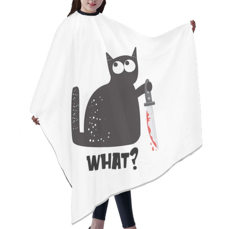 Personality  Black Cat And Knife Isolated On White Background. Funny Halloween Black Cat Holding A Bloody Knife. Halloween Concept Illustration Hair Cutting Cape