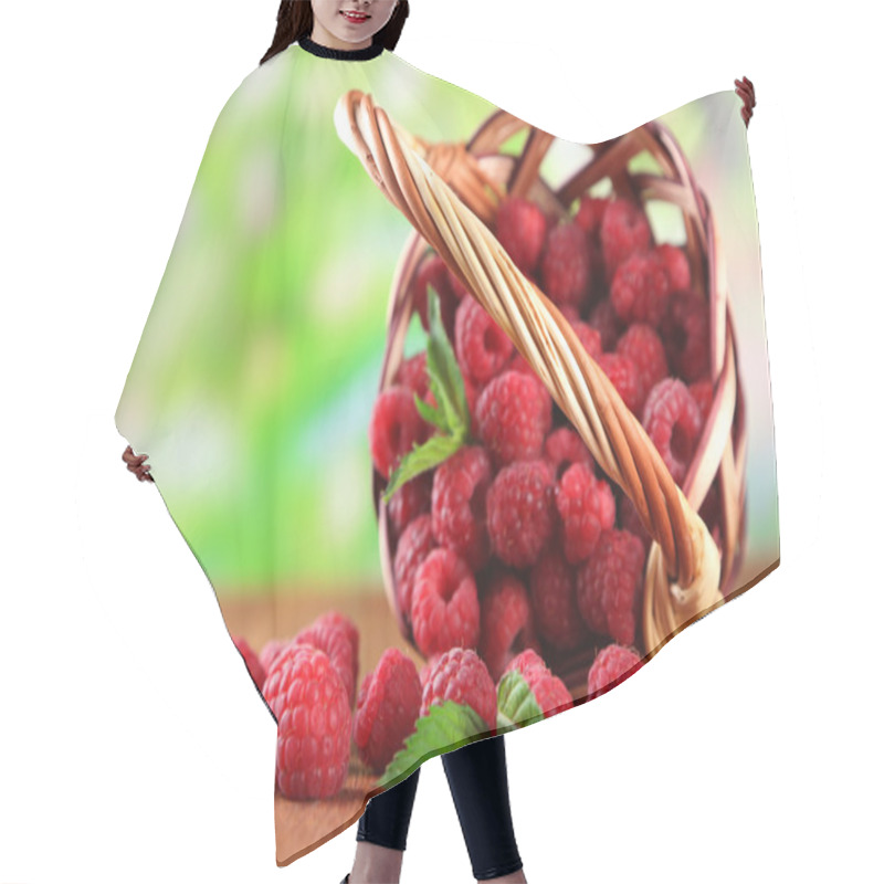 Personality  Ripe Sweet Raspberries In Basket On Wooden Table, On Green Background Hair Cutting Cape