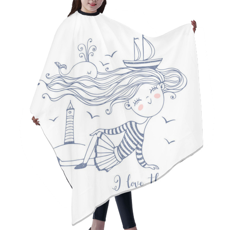 Personality  Cute Little Sailor Girl. With An Ocean Of Hair On Which Ships And A Whale Swim. Doodle Style. Vector. Hair Cutting Cape