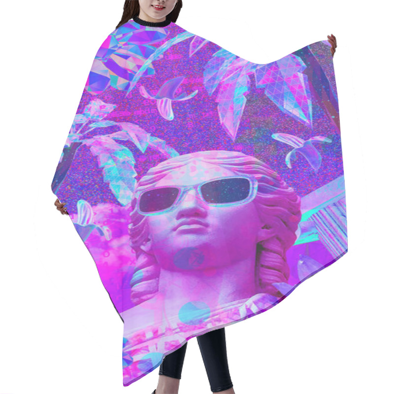 Personality  Contemporary Minimal Collage Kit Wallpaper. Antique Statue Male In Purple Chaos Space. Back In 80, 90s Party Style. Retro Zine And Vapor Wave Cuture Vibes Hair Cutting Cape