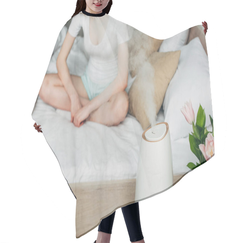 Personality  Cropped View Of Girl In Homewear On Bed With Flowers And Air Purifier Spreading Steam Hair Cutting Cape