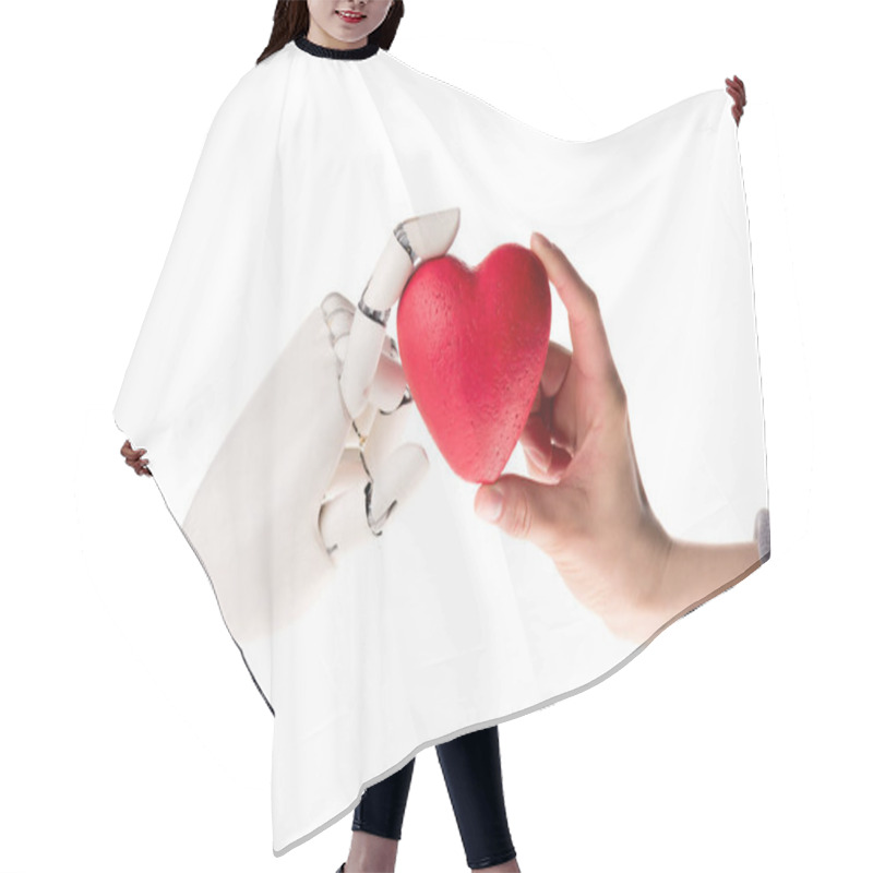 Personality  Cropped Image Of Robot And Woman Holding Heart Together Isolated On White Hair Cutting Cape