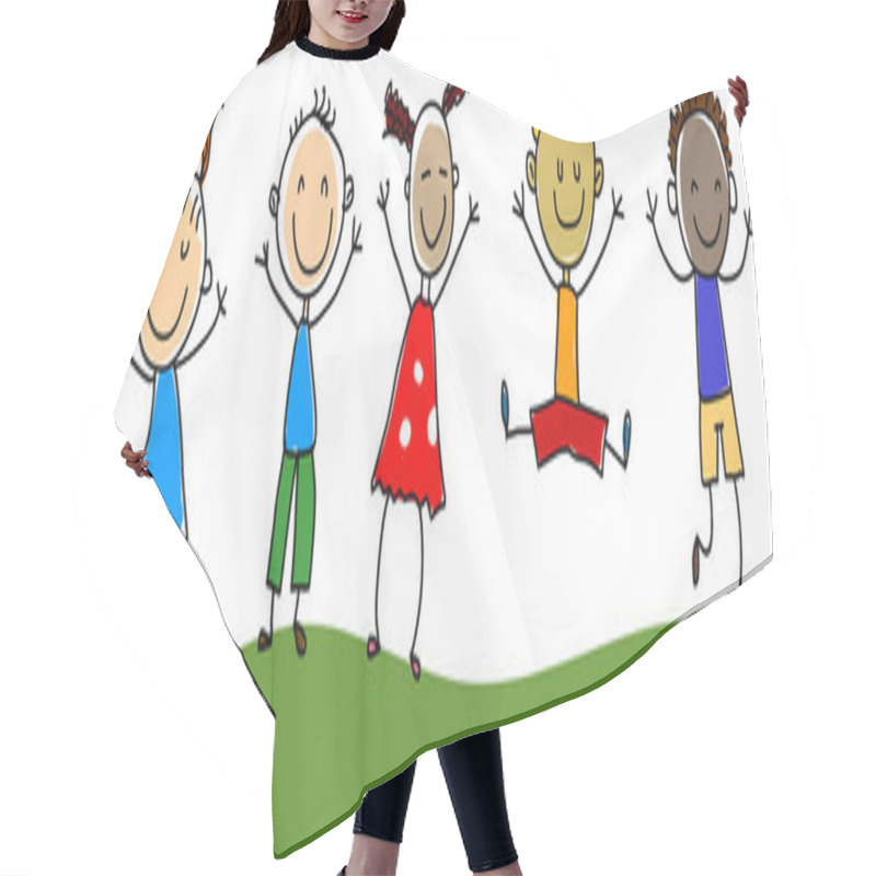 Personality  Stick Figure Happy Kids Vector Illustration Hair Cutting Cape