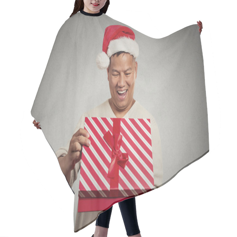 Personality  Excited Surprised Middle Aged Man Opening Unwrapping Red Gift Box Hair Cutting Cape